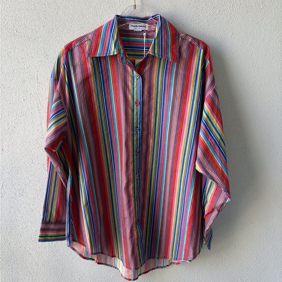 Charlie Holiday Maple Oversized Shirt Size S Multi Stripe Button Up Beach Swim - Picture 1 of 10